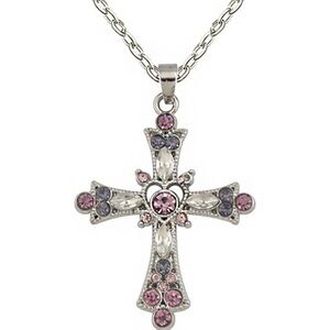 Silver Cross Pendant Necklace with Pink and Purple Crystals